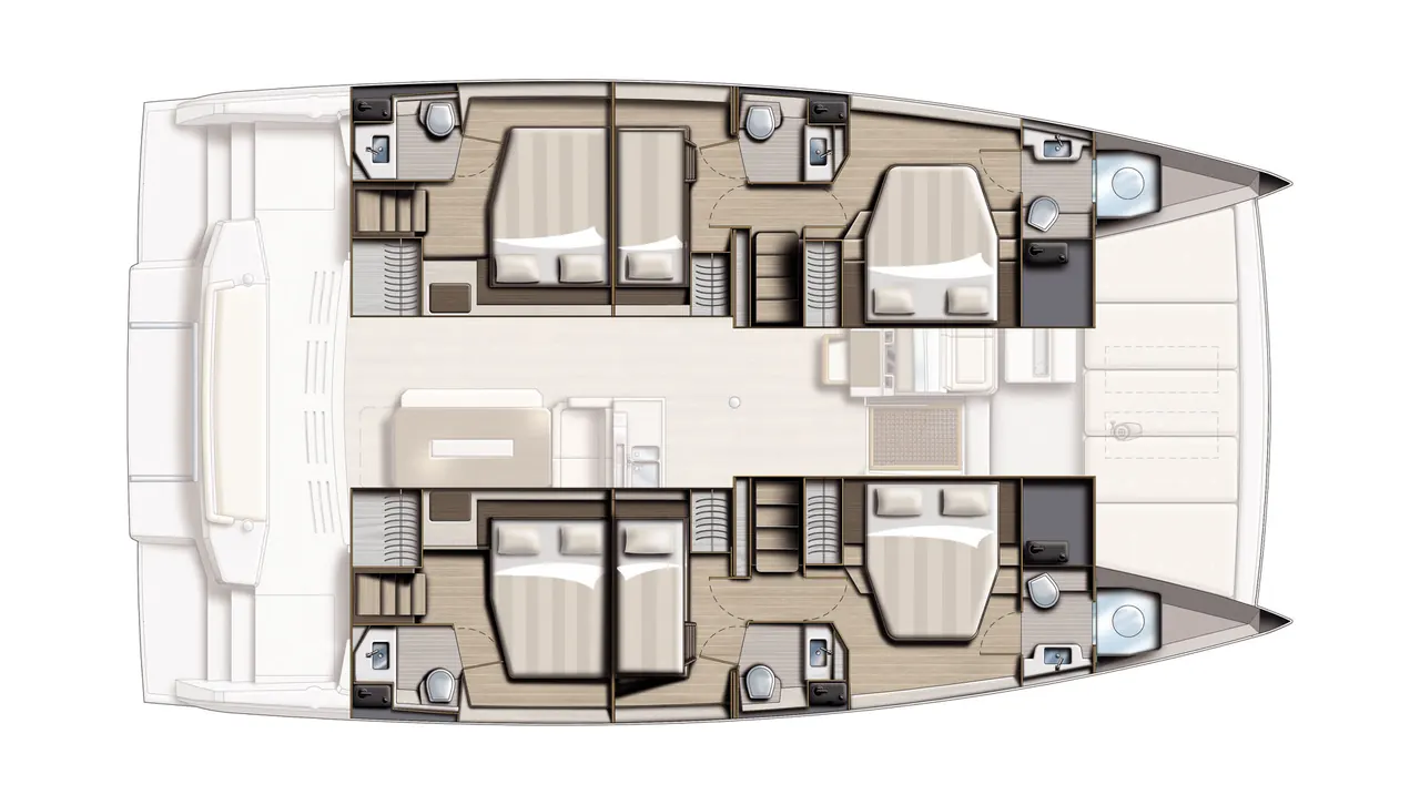 Lower deck — guest cabins with private bathrooms