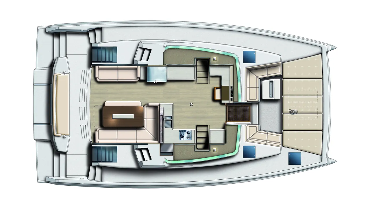 Main deck — saloon, galley, cockpit and front lounge