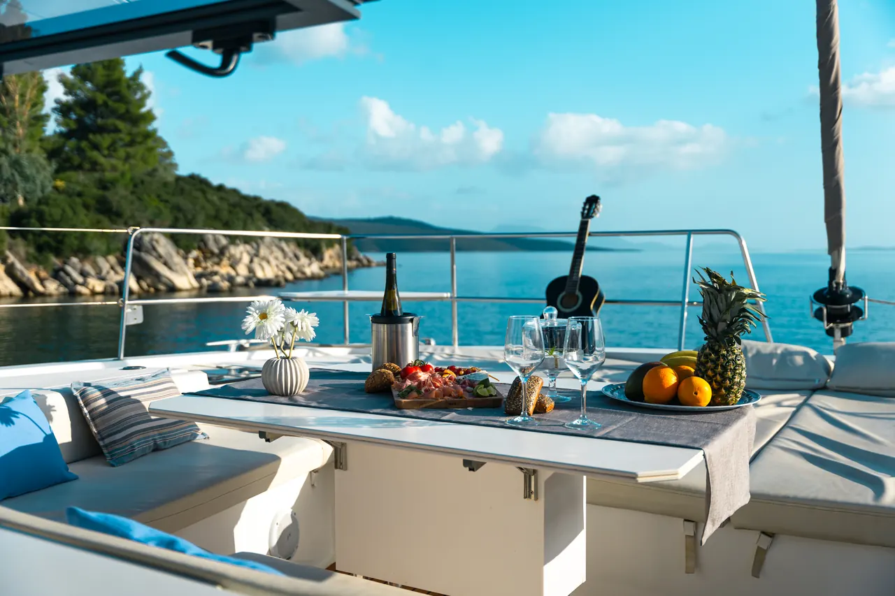 Front lounge of the catamaran at anchor