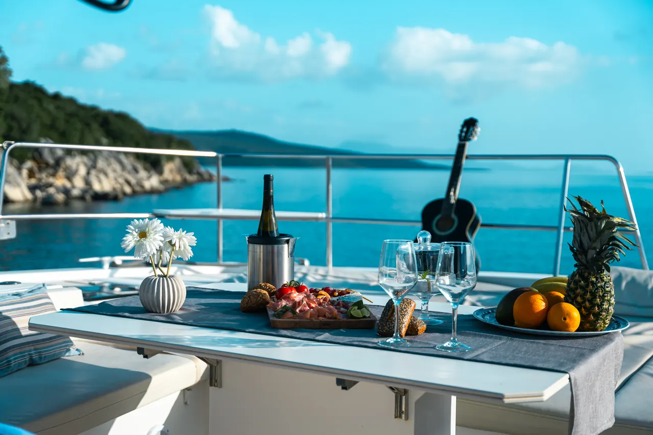 Wine and appetisers served on the aft deck